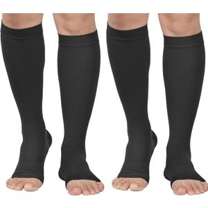 MGANG 20-30 mmHg Compression Stockings for Men and Women, 2 Pairs Medical Compression Socks, Knee High Length, Open Toe, Opaque, Support Hose for Varicose Veins, Oedema, Swelling, Black Medium (Medium, 1 Pair Black + 1 Pair Black)
