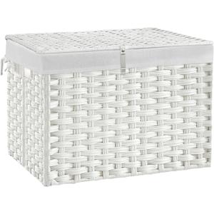 135L Wicker Storage Basket with Lid, Handwoven Large Shelf Basket with Removable Liner, 35.7 Gallon Wicker Basket for Blanket, Storage Trunk with Handle for Closet, Bedroom, Livingroom, Brown, White (135 L(23.62 x17.72 x 19.68 Inches))