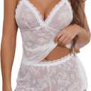Avidlove Pajamas for Women Set Sexy Sheer Floral Lace Lingerie Set 2 Piece Cami Shorts Nightwear (Large, White)