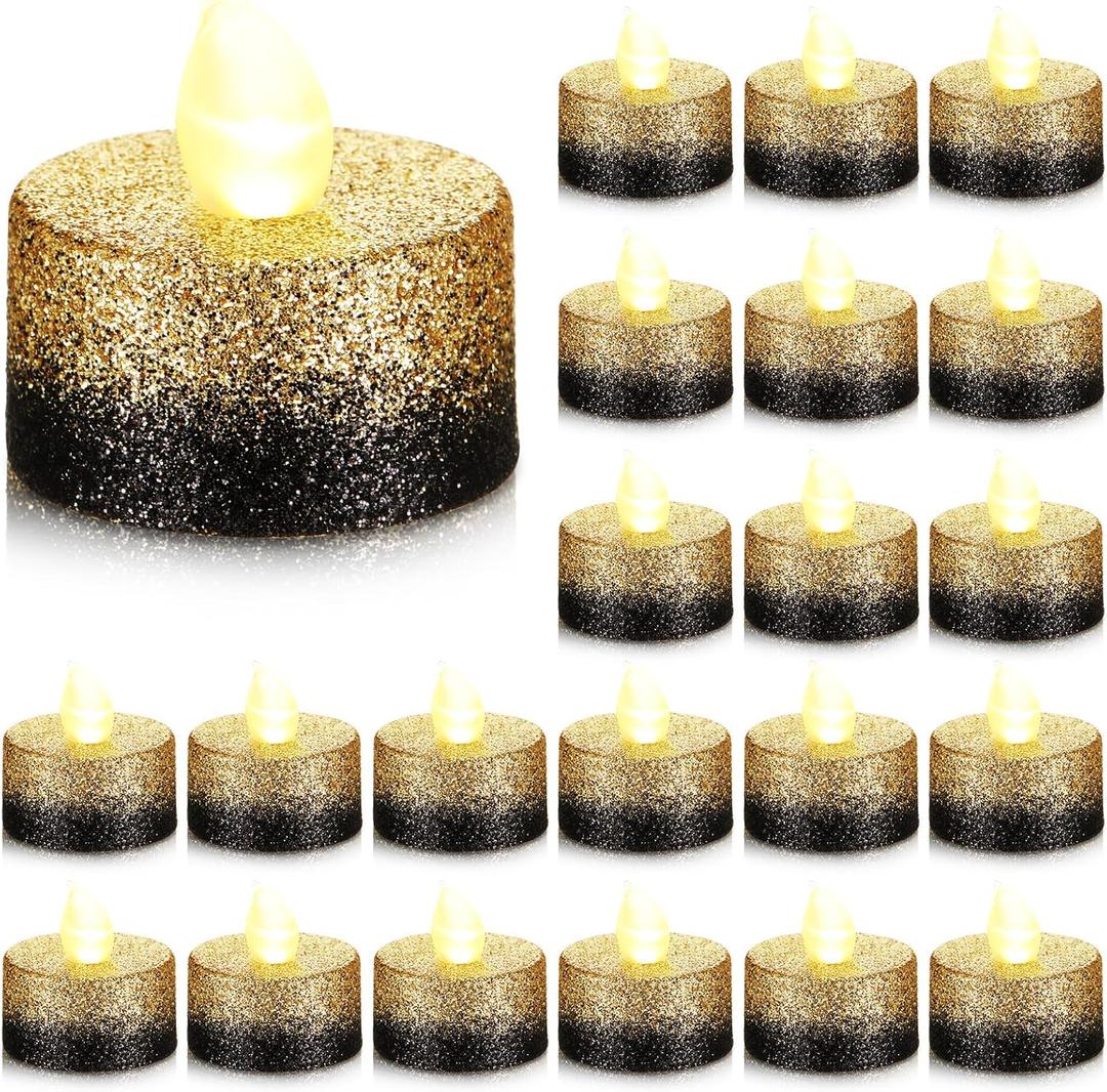 24 Pcs Flameless LED Tea Lights Gold Black Glitter Electric Fake Candles for Centerpieces Battery Operated Anniversary Decorations Romantic Winter Decor for Wedding Festival Christmas Birthday (1.46inch)