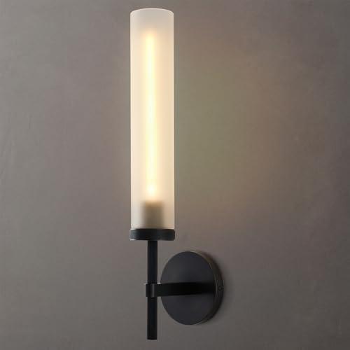 SYBDZSWJ Modern Hardwired Frosted Glass Bathroom Black Wall Sconce, Handmade Knurled Wall Light Fixture,Vanity Light for Living Room,Hallway, Bedroom, 20" Indoor Wall Lamp, Bulb Included