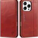 SHIELDON Wallet Case for iPhone 16 Pro 5G, Genuine Leather Magnetic Book Cover RFID Blocking Card Holder Kickstand Shockproof Phone Case Men Women Compatible with iPhone 16 Pro 6.3" 2024 - Retro Red