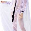 Women Long Mesh Nightgowns and Underpants Lace Babydoll Lingerie Sleepwear See Through Robe with Sleeve (Purple)
