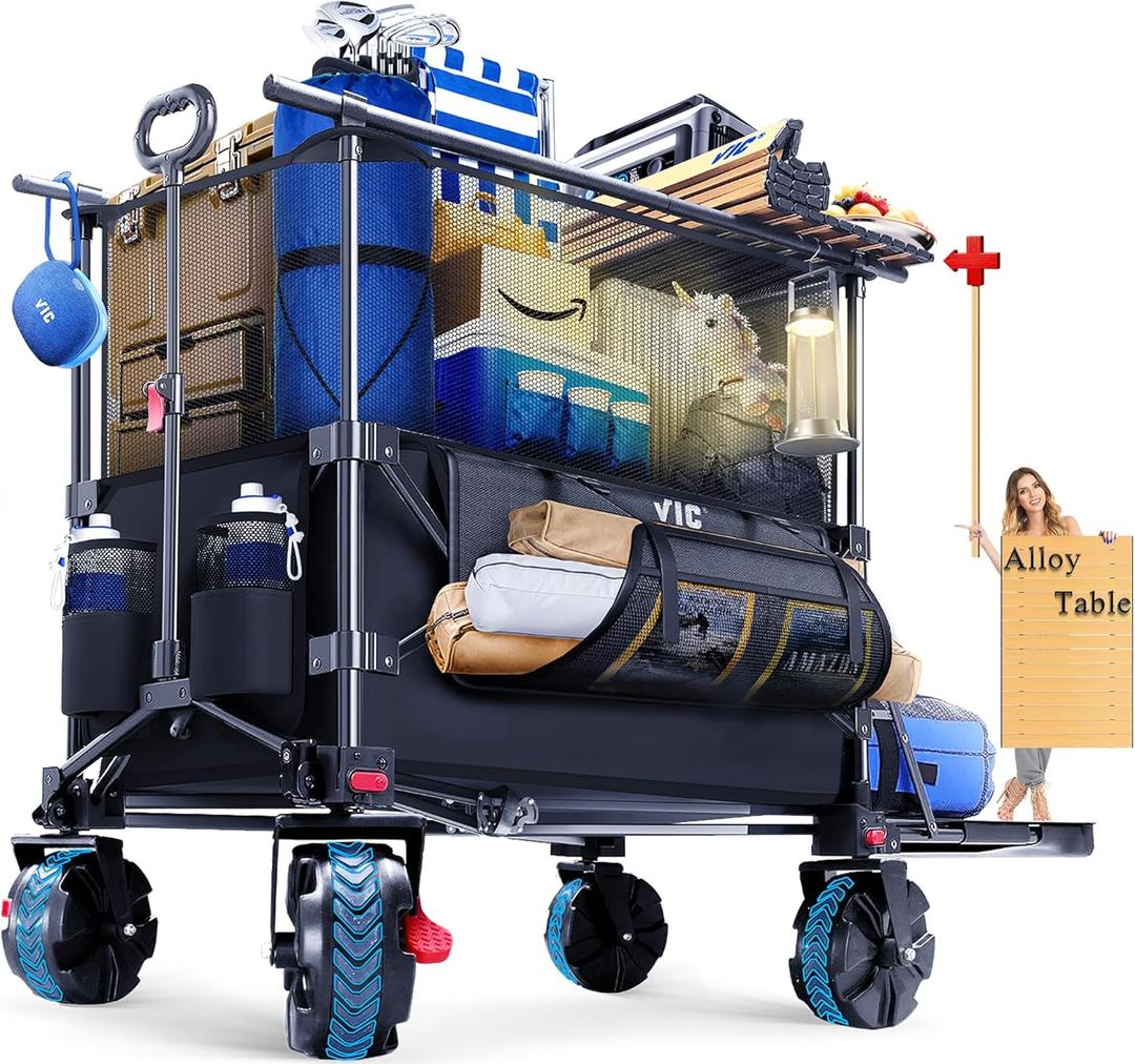 VIC 680lbs Super Cart & Table 1=5 Set, 480L Mega Capacity 54" Extra Long Extra high Folding Wagon, Heavy Duty Collapsible Carts with Brakes, All-Terrain Big Wheels for Camping, Store, Shopping