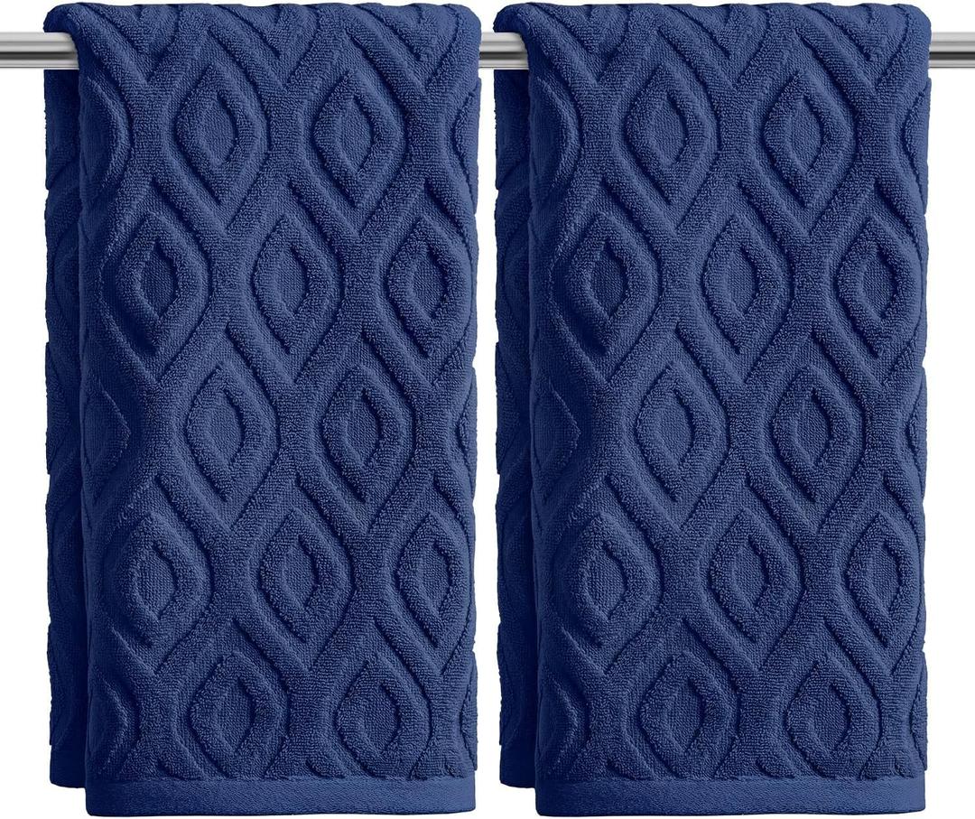 Artoid Mode 2 Pcs Navy Blue 3D Diamond Grid Jacquard Hand Towels for Bathroom, 100% Cotton Soft Absorbent Bathroom Decor Towels, 13.7 x 29.5 Inch