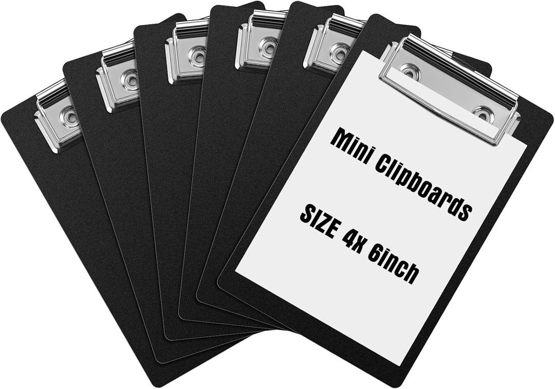 Eersida 6 Pack Mini Clipboards 4 x 6 Inch Small Pocket Plastic Memo Clipboards with Profile Clip for Small Notepads Receipts Tickets (Black)