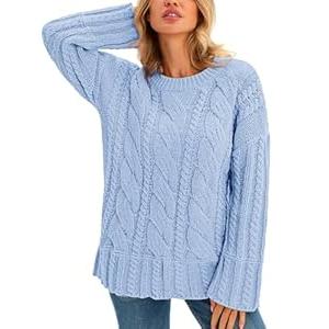 Saodimallsu Womens Chunky Cable Knit Sweaters Long Sleeve Crew Neck Fall Casual Loose Warm Pullover Tops Light Blue, Size S