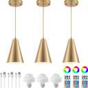 Dijiahua Gold Battery Operated Pendant Lights Kitchen Island 3 Pack with Remote Control,Wireless Rechargeable 12 Color Temperatures Led Lamp Fixtures with Brass Metal Shade, Modern Hanging Lighting
