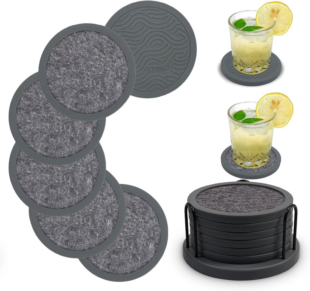 Set of 6 Non-Slip Silicone Coasters with Holder, Double-Sided Absorbent for Hot/Cold Drinks, Scratch & Water Ring Protection for Wood Tables, Home Office Bar, Black Gold Marble (Grey) (Gray)
