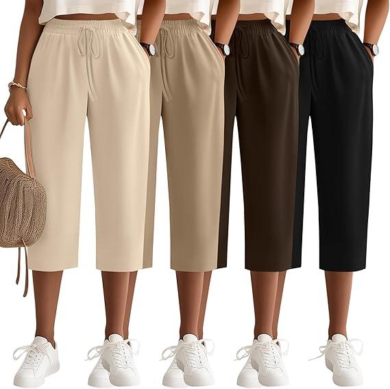 Neer 4 Pack Women's Capri Pants, Drawstring Wide Leg Crop Lounge Sweatpants Summer Yoga Casual Cropped Pants with Pocket, Brown, Beige, Apricot, Black, XXL