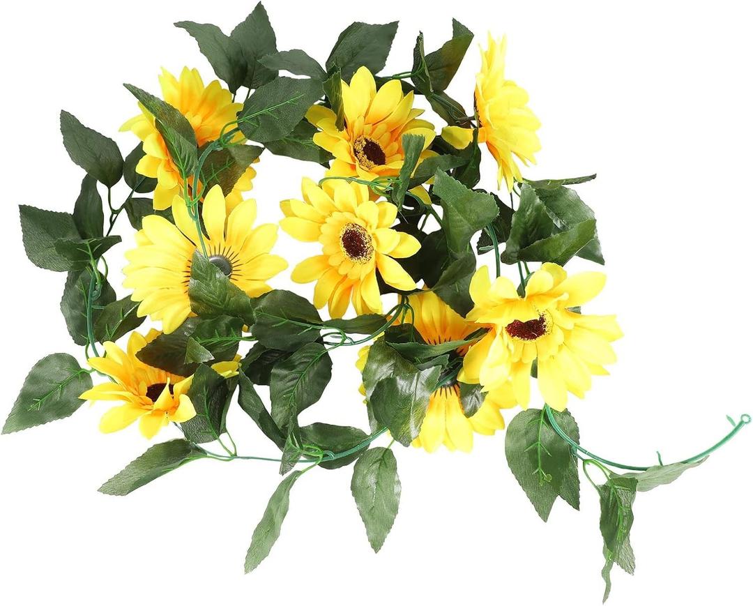 2Pcs Sunflower Garland Vine Silk Sun Flowers Hanging Vines for Balcony Garden Wedding Decoration, Yellow&green