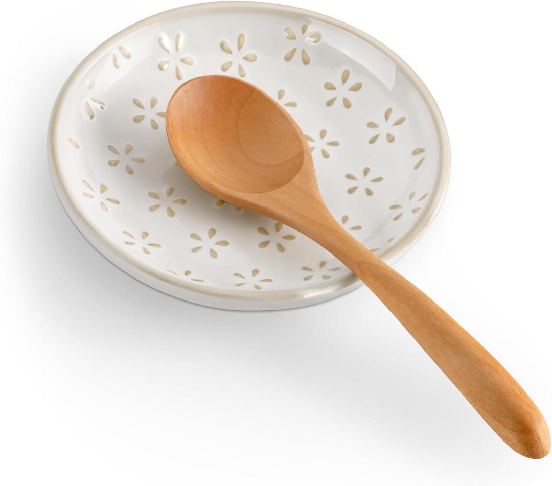 MALACASA Ceramic Spoon Rest for Stove Top, 4.8 inch Cooking Spoon Holder for Kitchen Counter,Utensil Rest for Ladle, Spatula, Spoons or Tongs, Modern Farmhouse Kitchen Dcor - 01, Series LYDIA (Flowers)