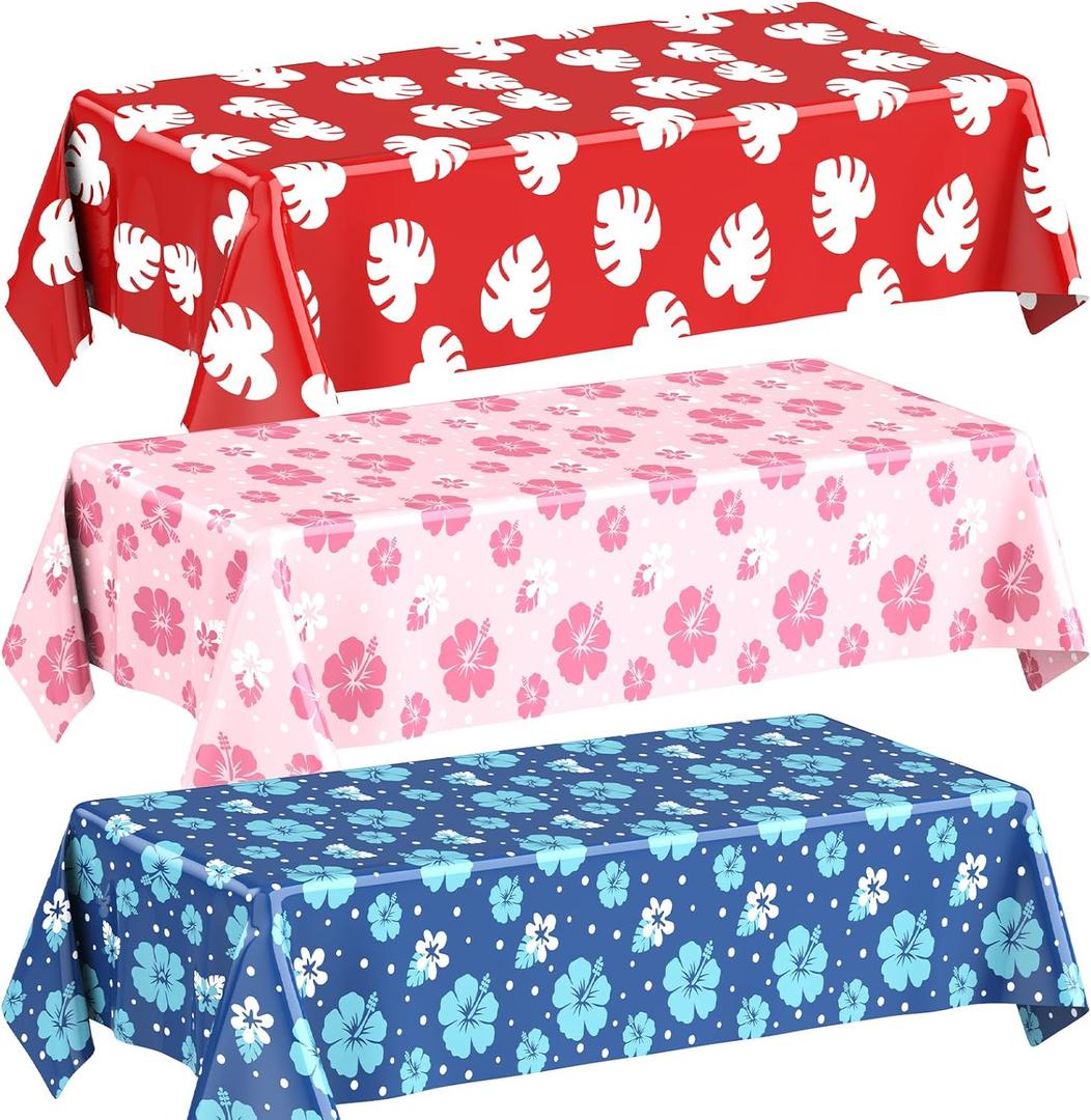 Oudain 3 Sheets Hawaii Hibiscus and Tropical Leaves Tablecloth Birthday Party Decorations Blue Alien Cartoon Table Covers for Birthday Party Supplies (Red, Blue, Pink)