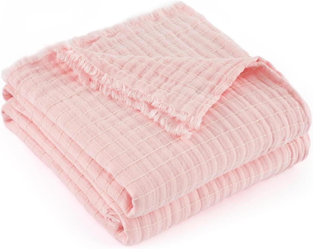 GINAMUSE Muslin Throw Blanket for Couch 100% Cotton Gauze Bed Blankets Lightweight Soft Cozy Breathable Summer Throws for Adults All Seasons Use,60"x90" Twin Size Pink