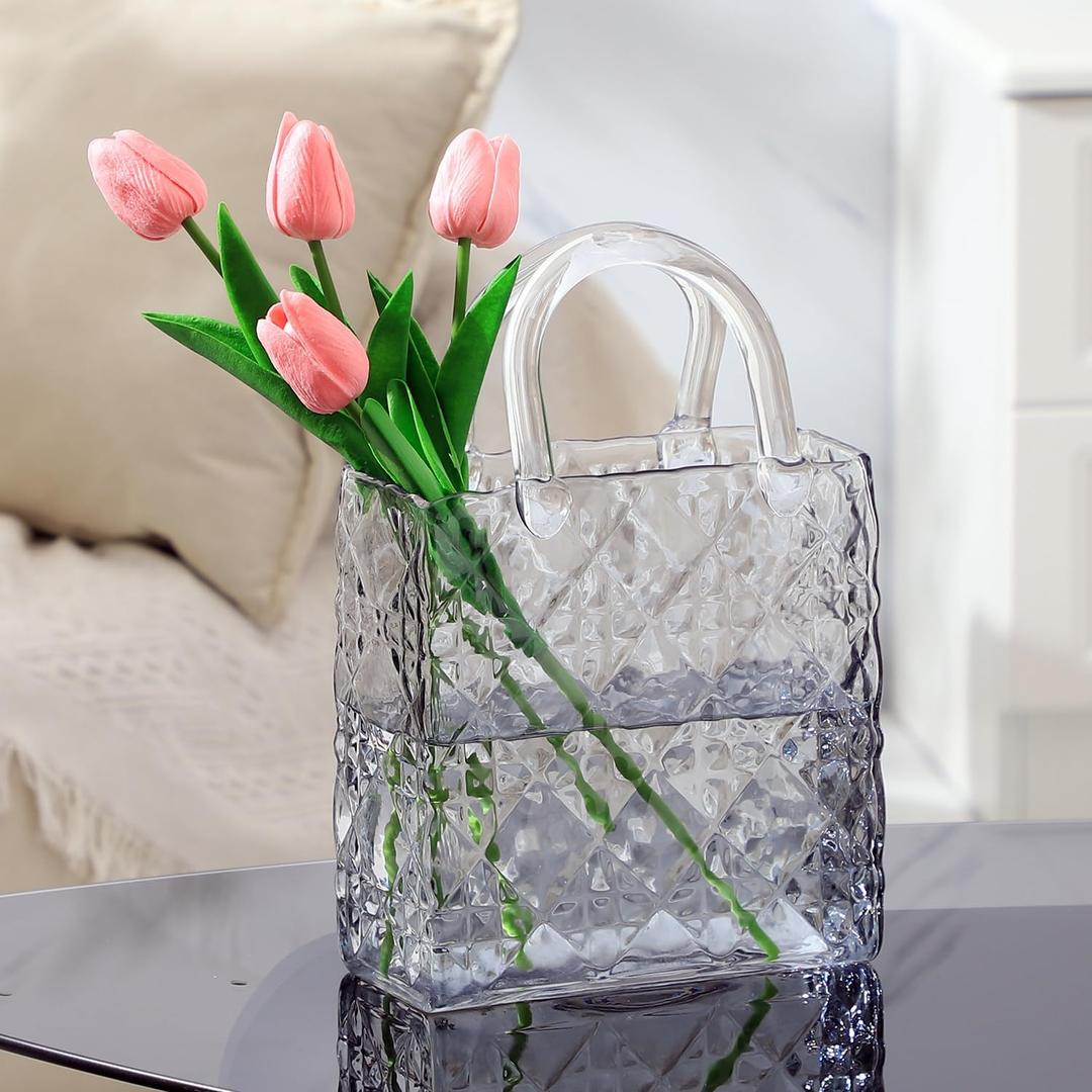Purse Vase, Black Bag Vase, Glass Purse Vases for Flowers, 12 Inch Large Glass Flower Vase with Embossed Pattern for Wedding, Living Room, Bedroom, Table, Office(Tote)