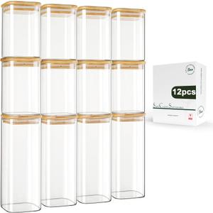 LIBWYS 12-Pack Square Glass Storage Jars with Bamboo Lids (0.6Qt/1.06Qt) - Stackable Food Containers for Pantry Organization, Coffee, Flour, Snacks, Tea | Kitchen Canisters Set