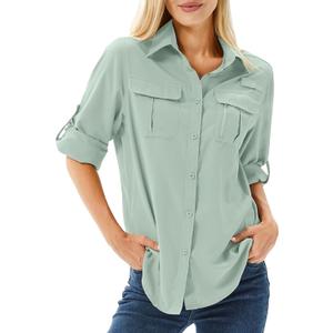 Women's UPF 50 Long Sleeve Sun Protection Shirts Safari Fishing Hiking (Medium, Bean Green)