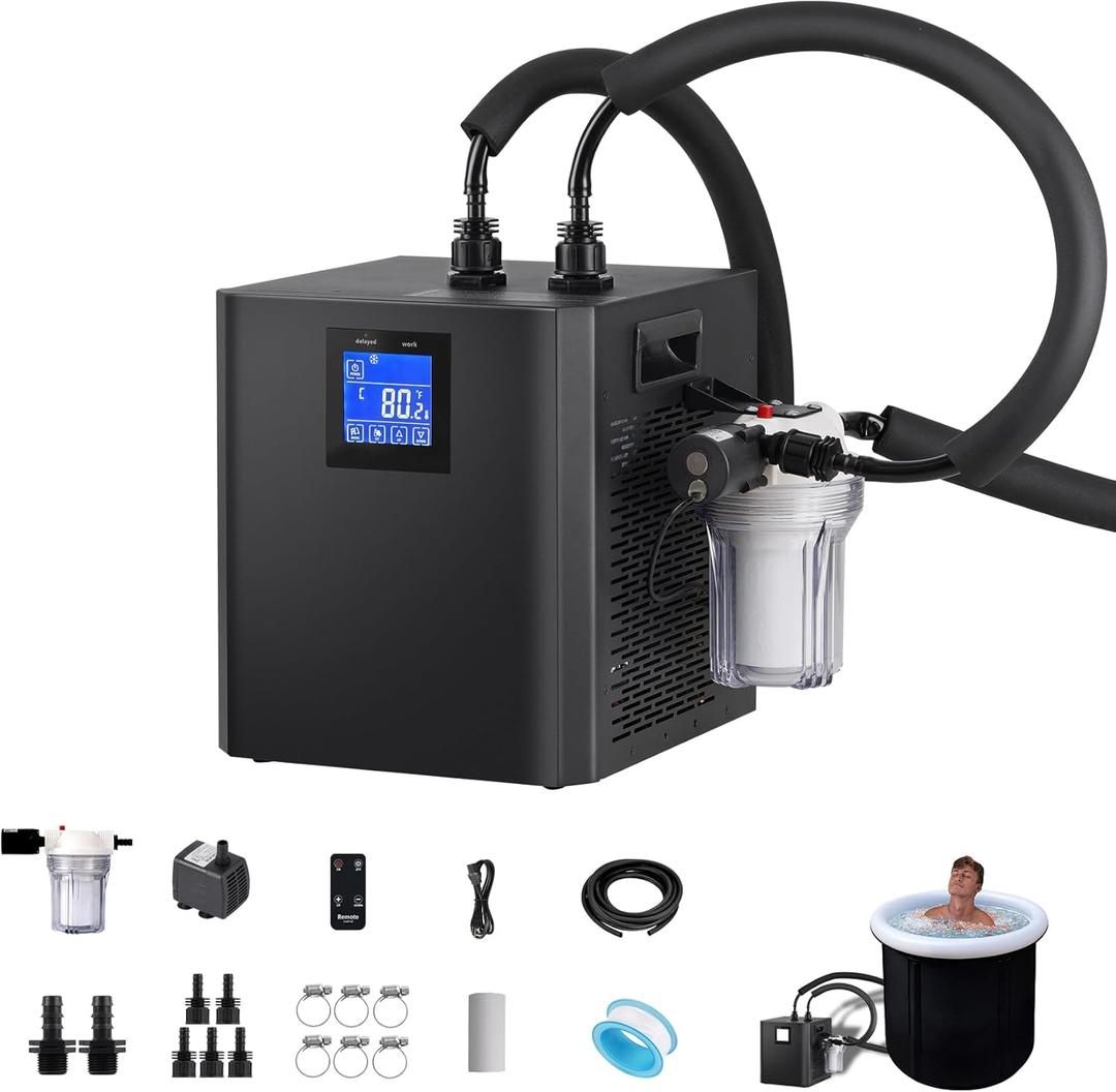 Ice Bath Water Chiller, 1/3 HP Water Chiller for Cold Plunge Tubs, with Pump, External Filter and Filter Media, Remote Control - for Home and Professional Use