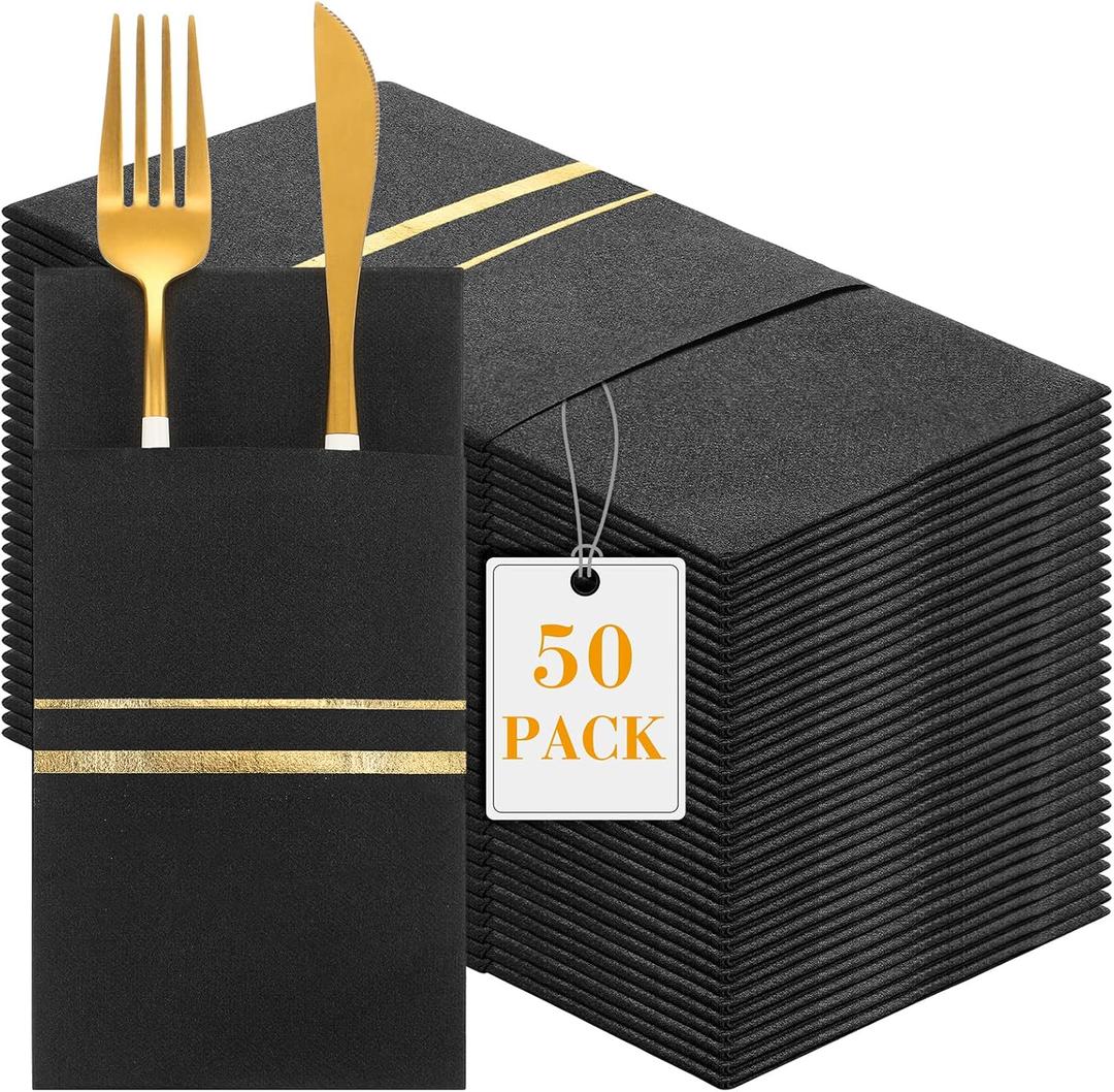 Roshtia 50 Pack Dinner Napkins Disposable Linen Feel Dinner Napkins with Built-in Flatware Pocket Gold Trim Lined Pre Folded Paper for Wedding Party (Black,Gold)