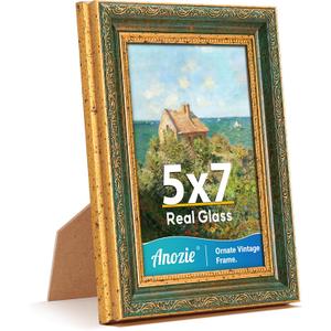 Anozie Vintage 5x7 Picture Frames,Antique Gold Photo Frames with Real Glass Front,Ornate Picture Frames Display for Wall or Tabletop Dcor,1 Pack,Green
