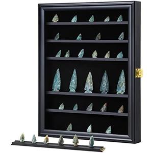 KCRasan Arrowhead Display Case Native American Arrowhead Shadow Box Wall Mount Arrowhead Collection Display Cabinet with Uv Protection for Agate Opal Crystal Stone Arrowheads Spear Points Rocks Black