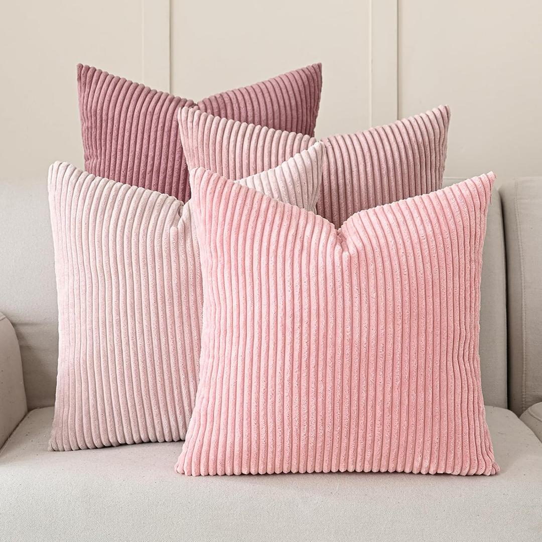 Volcanics Set of 4 Pink Corduroy Decorative Couch Throw Pillow Covers 18x18 Inch, Valentine's Day Farmhouse Striped Cushion Cases, Soft Boho Square Accent Pillow Covers for Home Sofa