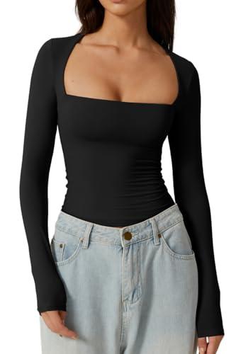 Women's Square Neck T Shirt Slim Fit Long Sleeve Going Out Tops Stretchy Basic Tees Black S