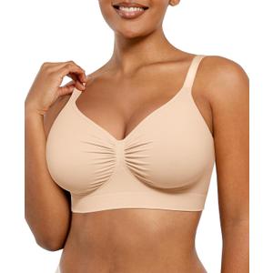 SHAPELLX Wireless Comfy Bra for Women Seamless Bra Non Padded Soft Bralette V Neck Everyday Bras with 4 Rows of Hooks (Large, Nude)