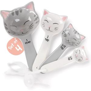 Cat Shaped Ceramic Measuring Spoons - Gift for Any Cat Lover - Cat Ceramic Measuring Spoons Baking Tool - Creative Functional Kitchen Decor - Comes in White and Gray - Set of 4