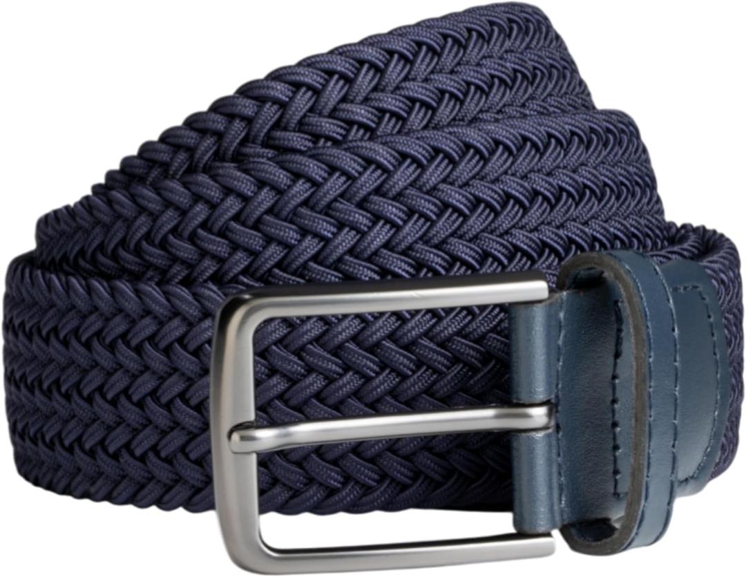Mens Braided Elastic Stretch Golf Belt  Big and Tall Men Woven Belt, 1.38" Leather-Tipped Adjustable Fit (Waist 44"-50" Stretch, Blue)