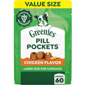 Greenies Pill Pockets for Dogs Large Size, Dog Treat Pouch for Capsule Medication, Chicken Flavor, 15.8 oz. Pouch (EXP 07/29/29)