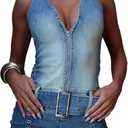 Mandonce Denim Romper for Women Off the Shoulder Halter V Neck Distressed Stretchy Jean Shorts Bodycon Jumpsuit with Belt (Medium, 1-blue)