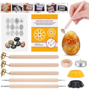 Yexiya 16 Pcs Ukrainian Easter Egg Decorating Kit Pysanky 0.3 0.4 0.5mm Kistka Pen 2 Double Sided Drop Pull Tool Stand Candle Beeswax Instructions 6 Dyes for Color Easter Egg DIY Craft Set