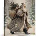 Vintage Santa Claus Christmas Wall Art Decor Santa in Forest Winter Prints Painting Christmas Wall Decor for Home Living Room Bedroom 8x10 Inch Framed