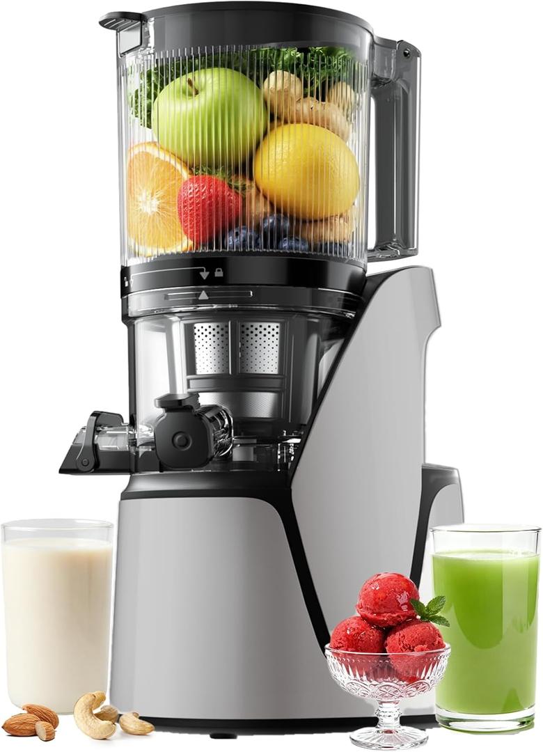 EanOruus Juicer Machines, 3-in-1 Cold Press Juicer with 6.5" Extra Large Chute, 100oz Large Capacity, AC Motor, Makes Juice, Nut Milk & Sorbet, Silver Gray