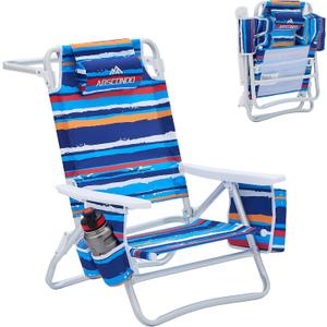 Beach Chair, Beach Chairs for Adults, Outdoor Folding Beach Chairs for Adults, Supports up to 350lbs with 5 Positions, Towel bar, Cooler Pouch, Storage Pouch. (Dark Blue Stripe|1PC)