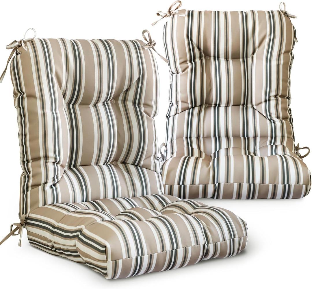 EAGLE PEAK Tufted Outdoor/Indoor Seat/Back Chair Cushions, Set of 2, 42'' x 21'', Beige Stripe