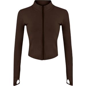 Lviefent Womens Lightweight Full Zip Running Track Jacket Workout Slim Fit Yoga Sportwear with Thumb Holes (Brown-S)