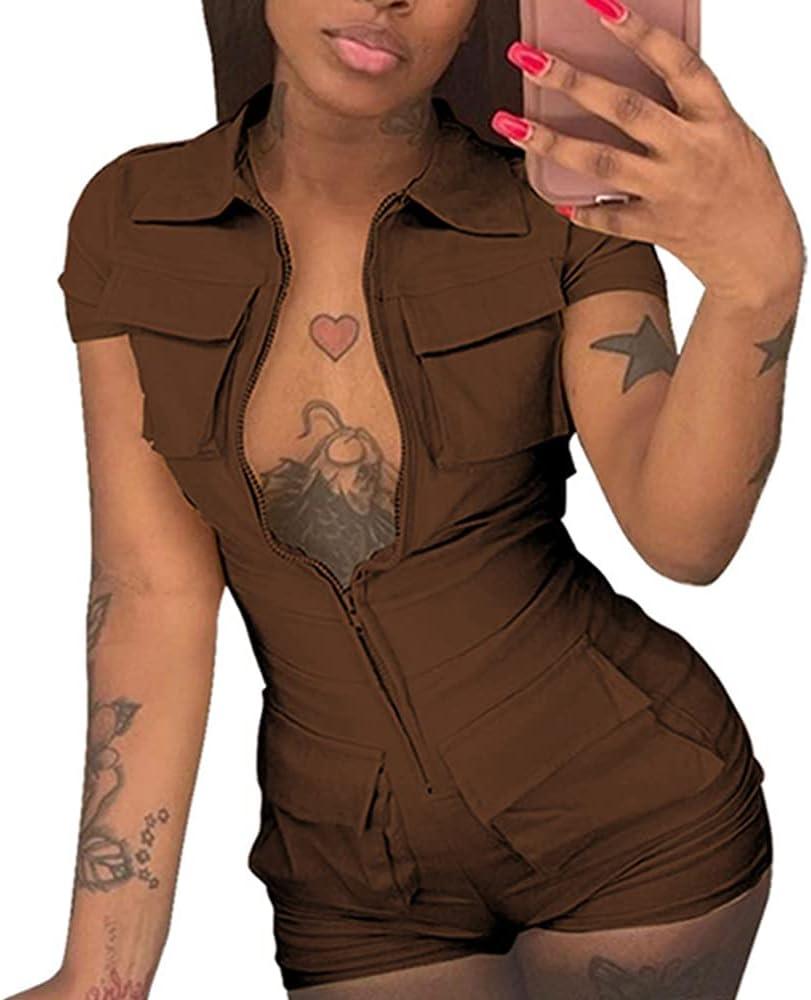 Women Sexy Zip up Jumpsuits Lapel Neck Short Sleeve Bodycon Shorts Romper with Pockets (XX-Large, Brown)