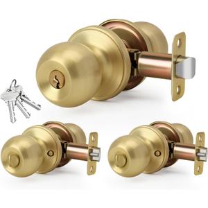 Brushed Gold Keyed-NOT-Alike Ball Design Door Knob with Keys and Lock, 3 Pack Wholesale Keyed Entry Round Shaped Doorknob for Front/Entrance Doors, Satin Brass Finish
