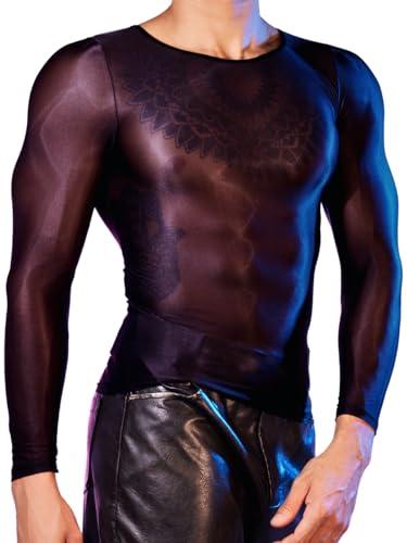 EHSUYAB Sexy Mesh Shirt for Men, Long Sleeve Stretchy Muscle Suit Bodycon Top Party, Sheer Lingerie Clubwear Rave Outfit Black One Size