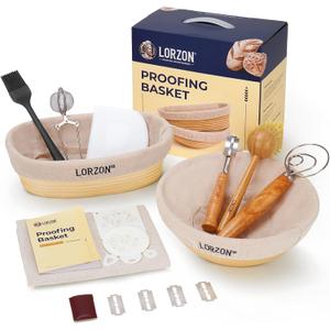 Clearance Final Stock - Lorzon Banneton Bread Proofing Basket Gift Set of 2 (10" Round & Oval Rattan) - Sourdough Bread Baking Supplies Making Tools with Bakers Couche & Sourdough Starter Kit