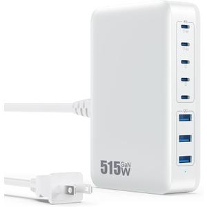 USB C Charger Block 515W[2025 Upgraded] GaN IV 8 Port Fast Charging Station Hub,Dual PD 100W USB C Laptop Charger Compatible with MacBook Pro/Air,iPad,iPhone 16/15,Galaxy S23/S24 Steam Deck Dell XPS