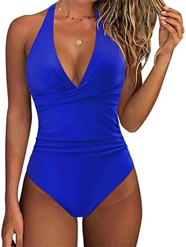SUUKSESS Women Sexy Tummy Control One Piece Swimsuits Halter Push Up Bathing Suits, M