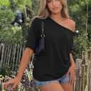 Trendy Queen Womens Off the Shoulder Tops Oversized T-Shirts Short Sleeve Tees Summer 2026 Casual Spring Clothes (Black, XL)