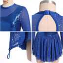 ODASDO Figure Skating Dress for Women Mesh Long Sleeve Sparkly Sequin Rhinestones Skirted Leotard Gym Ballet Dancewear (Blue, L)