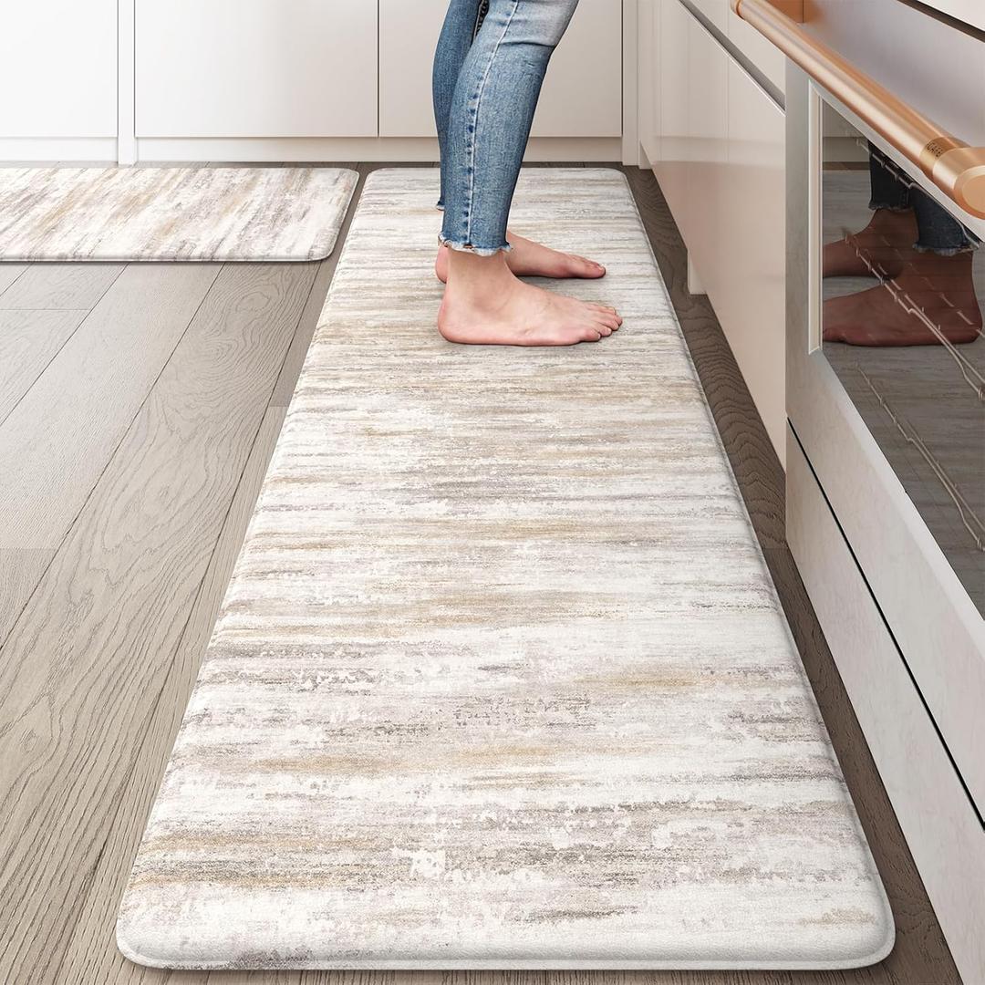 KIMODE Kitchen Mats Cushioned Anti Fatigue, Abstract Farmhouse Kitchen Rugs Sets of 2, Non Slip Kitchen Mats for Floor, Padded Kitchen Floor Mat for Sink Laundry Office Light Brown Multi