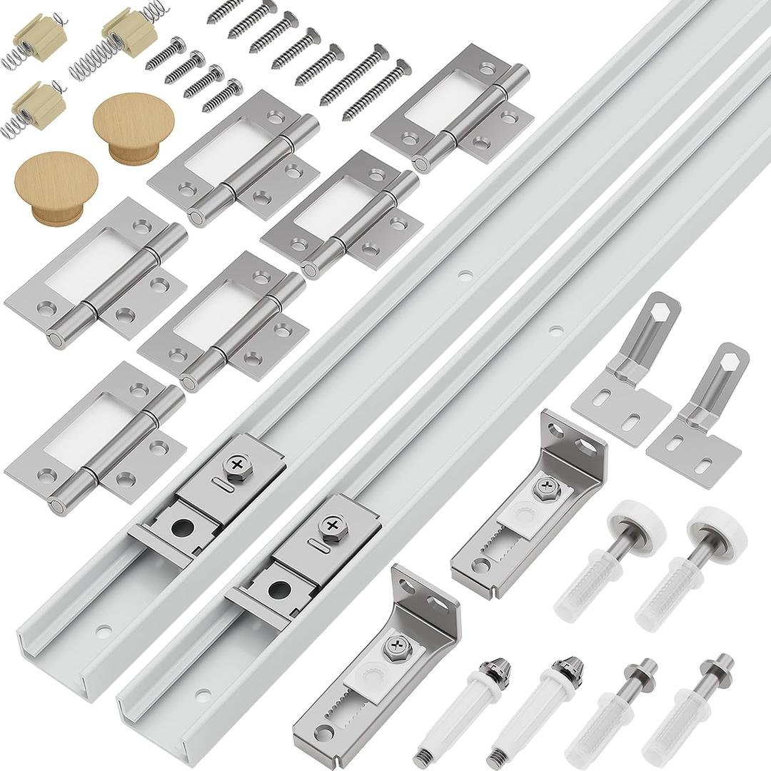 Closet Bifold Door Hardware & 32 Inch Track 2-Pack Kit, Combine for 64 in Door, Bi Folding Doors Puertas Repair Replacement Kit, with Rail Floor & Top Bracket Pivot Pin Guide Roller Hinge Knob