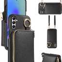 Wallet Case for Samsung Galaxy A34 5G with Shoulder Strap Ring Buckle, Luxury PU Leather Zipper Flip Organ Purse Credit Card Holder Stand Full Body Cell Phone Cover for A 34 34A Women Men Black