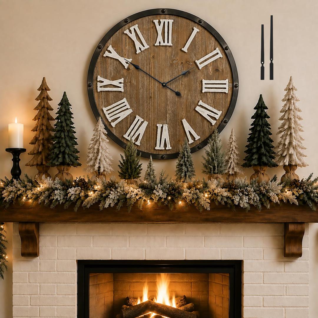 Oversized 30" Farmhouse Wall Clock, Rustic Wood Round Timepiece with Raised Roman Numerals, Black Metal Frame, Silent Quartz, Durable & Easy-to-Clean, Living Room & Entryway Decor (Weathered Brown)